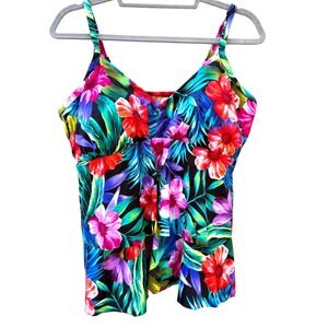 Miraclesuit Womens 18W Tankini Top Multicolor Tropical Floral Tiered Ruffle Swim